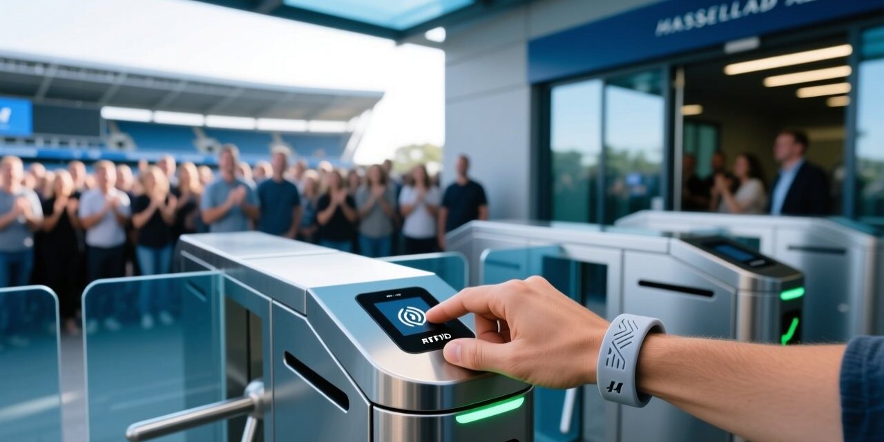 RFID wristband being tapped on a stadium turnstile reader with crowd in background, access control technology