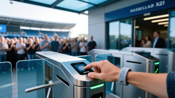 blog-cover-1787560551872 RFID wristband being tapped on a stadium turnstile reader with crowd in background, access control technology