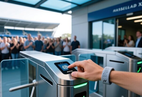 blog-cover-1787560551872 RFID wristband being tapped on a stadium turnstile reader with crowd in background, access control technology