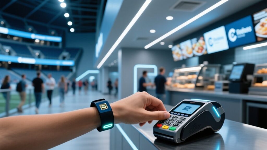 Cashless stadium RFID wristband tapped at a concession stand payment terminal
