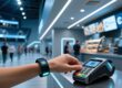 Cashless stadium RFID wristband tapped at a concession stand payment terminal