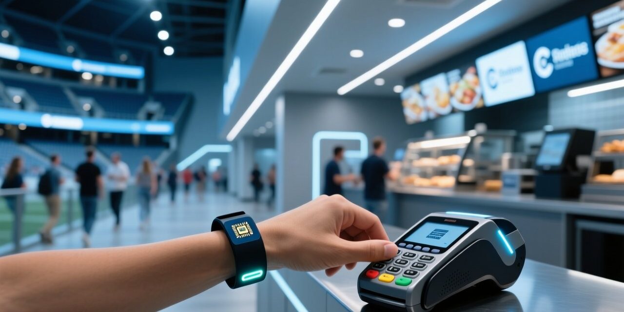 Cashless stadium RFID wristband tapped at a concession stand payment terminal