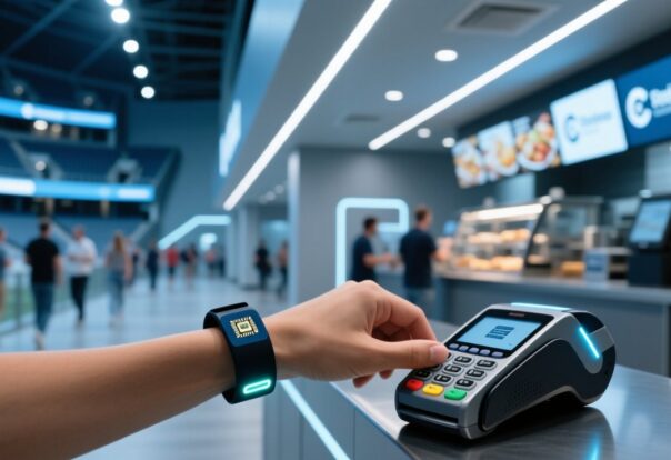 blog-cover-1787561361188 Cashless stadium RFID wristband tapped at a concession stand payment terminal