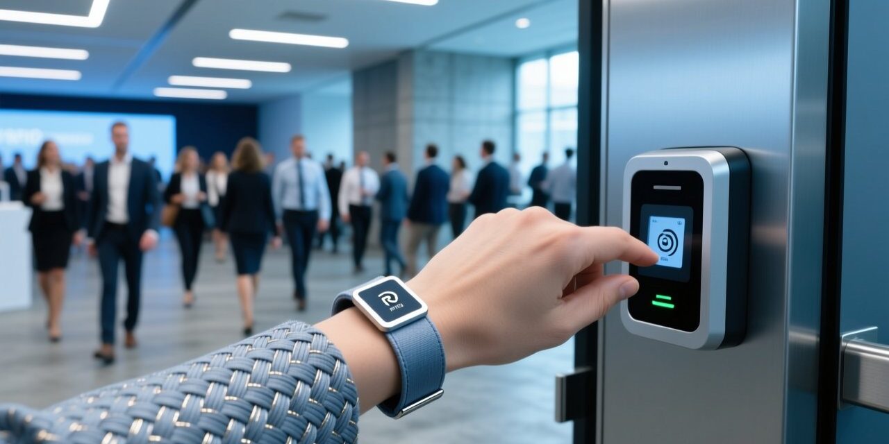 RFID fabric wristband on festival attendee wrist at event gate scan point