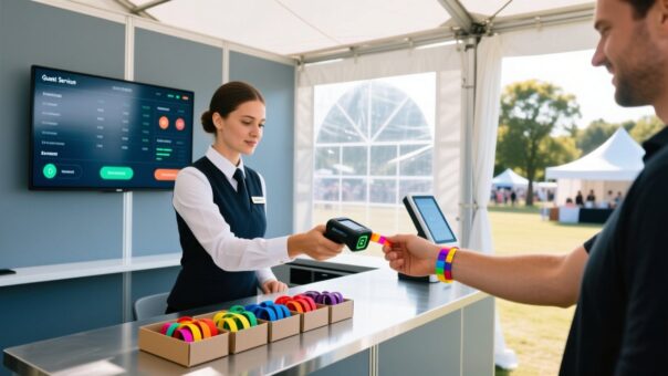 blog-cover-1787642335828 Event staff scanning an RFID wristband at an outdoor festival guest services desk