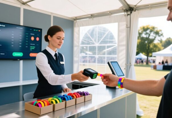 blog-cover-1787642335828 Event staff scanning an RFID wristband at an outdoor festival guest services desk