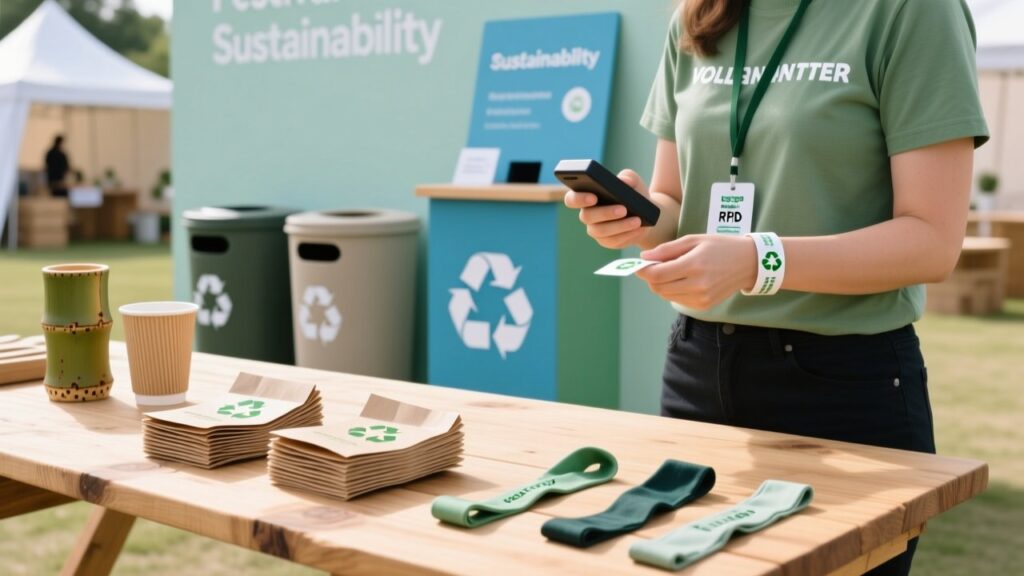 Eco-friendly RFID wristbands made from recycled paper and fabric displayed at a sustainable festival recycling station