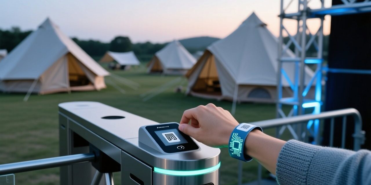 blog-cover-1787643103584 Attendee scanning RFID fabric wristband at multi-day festival entry gate with camping and stage areas
