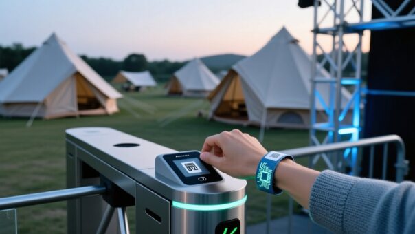 blog-cover-1787643103584 Attendee scanning RFID fabric wristband at multi-day festival entry gate with camping and stage areas