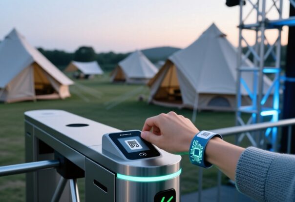 blog-cover-1787643103584 Attendee scanning RFID fabric wristband at multi-day festival entry gate with camping and stage areas