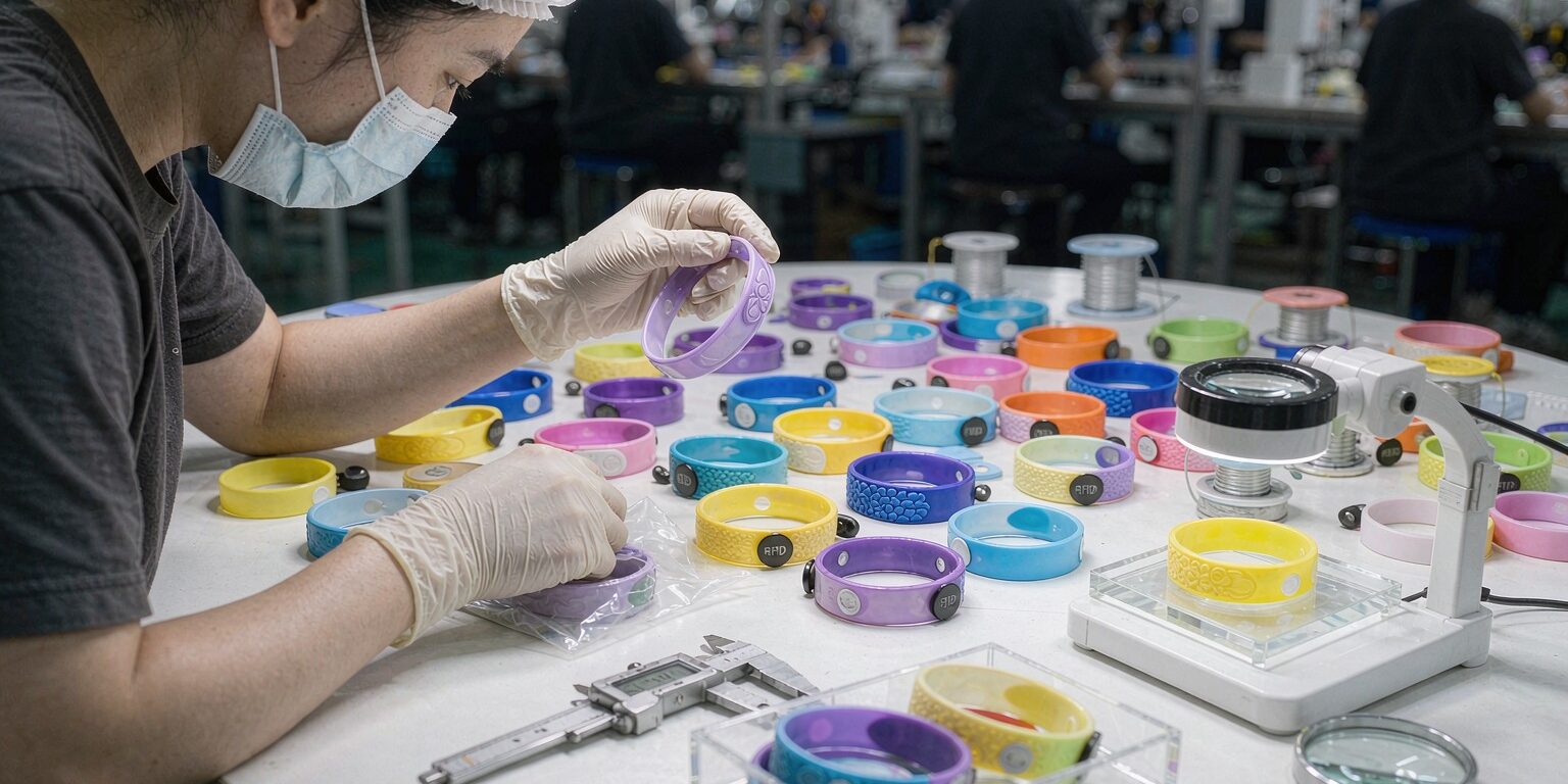 blog-cover-1791876044170 Silicone and PVC RFID wristbands side by side on a manufacturer workbench with an RFID scanner and sample chips